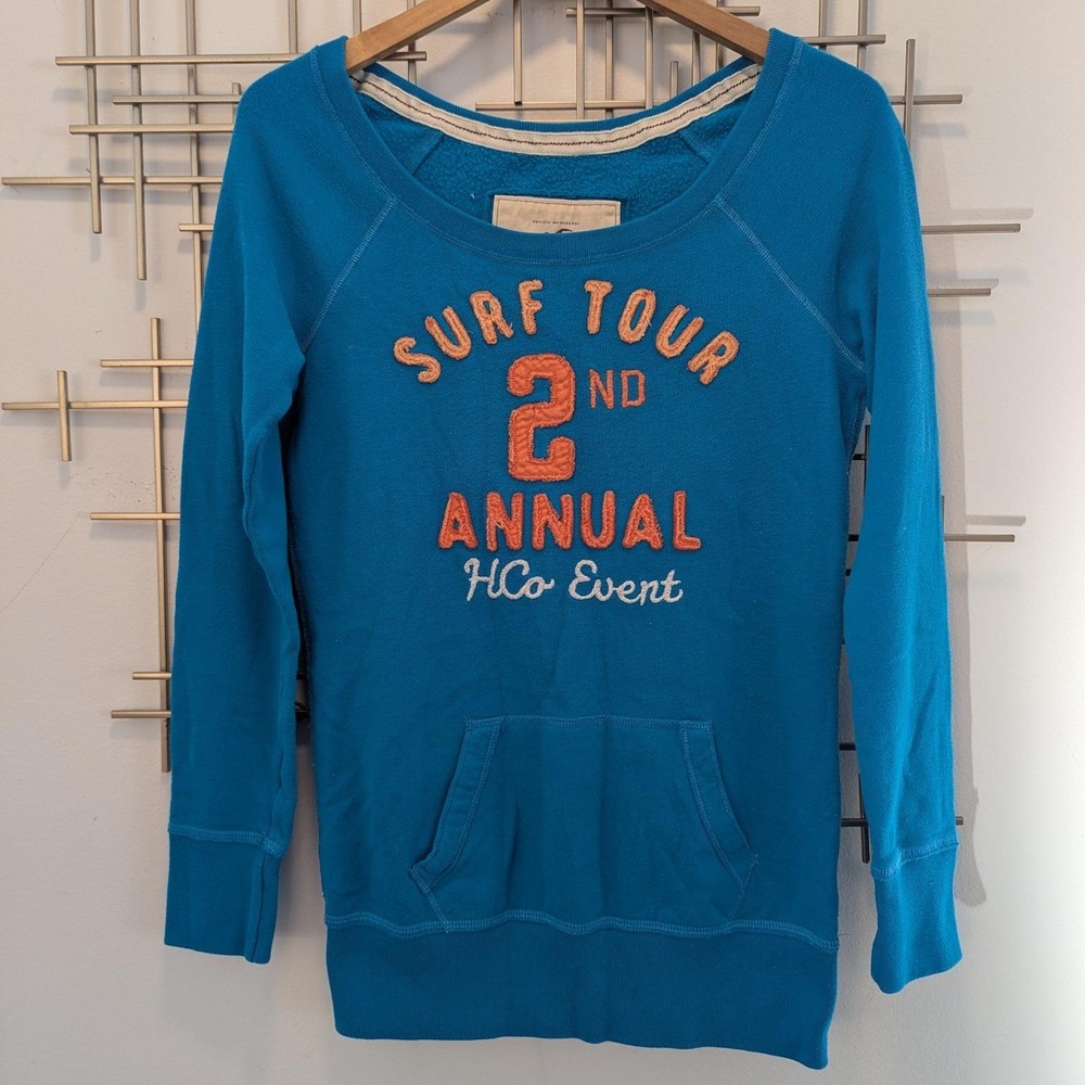 Vtg Y2K Hollister Sweatshirt Teal Blue Surf Tour Graphic Raglan Scoop Neck Sz M